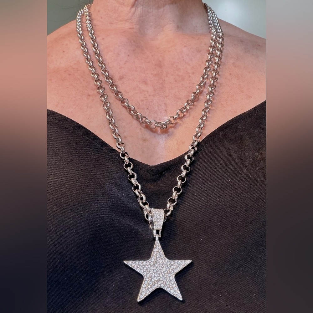 Elegant rhinestone Silver Star Pendant multi-style Necklace silver rolo chain